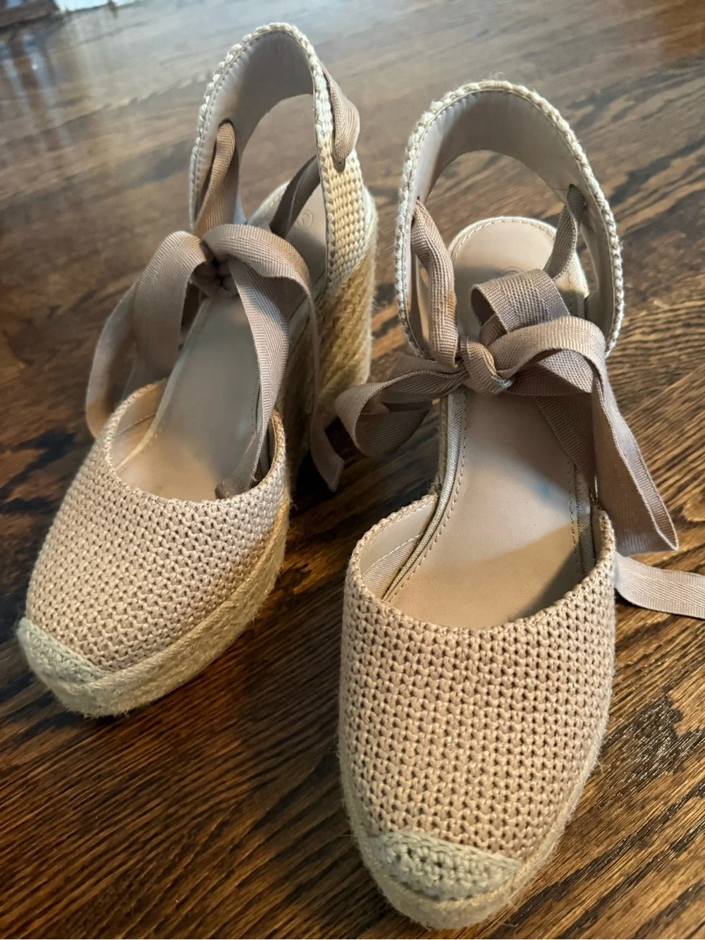 Neutral Lace-Up Espadrille Wedge Sandals - Women's Beige